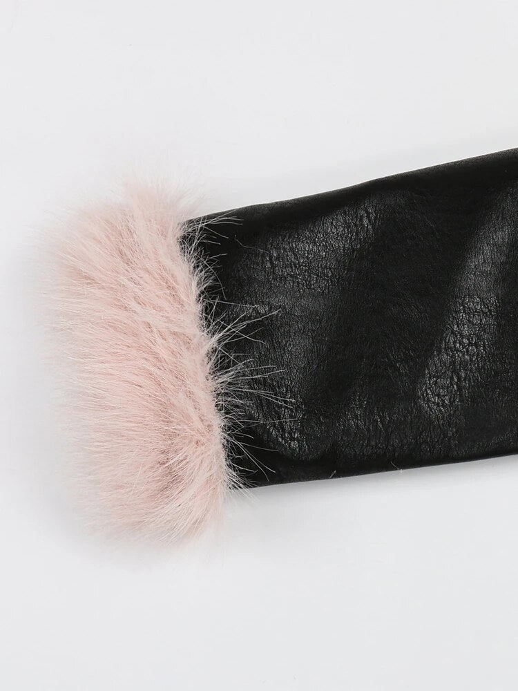 Nerazzurri Winter Long Black Fitted Thick Warm Pu Leather Coat Women with Pink Hairy Shaggy Fluffy Faux Fur Inside Runway Parka - 𝐃𝐔𝐕𝐋𝐀𝐒𝐇𝐎𝐏