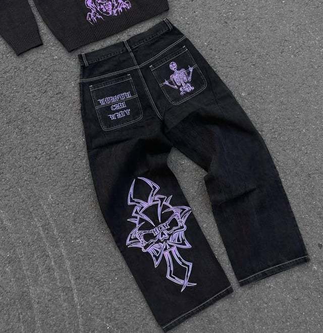 Retro hip - hop goth straight leg loose wide leg skeleton embroidered washed denim jeans for men - 𝐃𝐔𝐕𝐋𝐀𝐒𝐇𝐎𝐏
