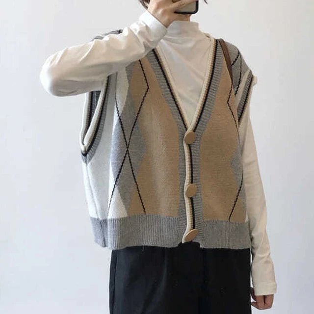 Women Clothing Vintage Argyle Knitted Sweater Vest Y2K Casual V Neck Loose All Match Waistcoat Simple Sleeveless Button Cardigan - 𝐝𝐮𝐯𝐥𝐚𝐬𝐡𝐨𝐩.𝐜𝐨𝐦
