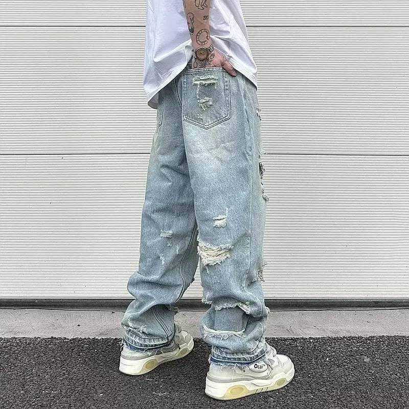 2023 Men's Vintage American Style Distressed Straight - leg Jeans Trendy European American High Street Washing Machine Ripped - 𝐝𝐮𝐯𝐥𝐚𝐬𝐡𝐨𝐩.𝐜𝐨𝐦