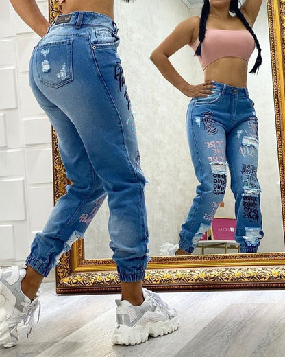 2024 New Letter Print Slant Pocket Ripped Jeans Casual Jeans Women - 𝐝𝐮𝐯𝐥𝐚𝐬𝐡𝐨𝐩.𝐜𝐨𝐦
