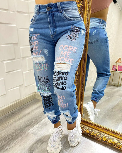2024 New Letter Print Slant Pocket Ripped Jeans Casual Jeans Women - 𝐝𝐮𝐯𝐥𝐚𝐬𝐡𝐨𝐩.𝐜𝐨𝐦