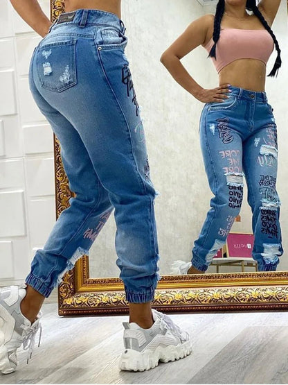 2024 New Letter Print Slant Pocket Ripped Jeans Casual Jeans Women - 𝐝𝐮𝐯𝐥𝐚𝐬𝐡𝐨𝐩.𝐜𝐨𝐦