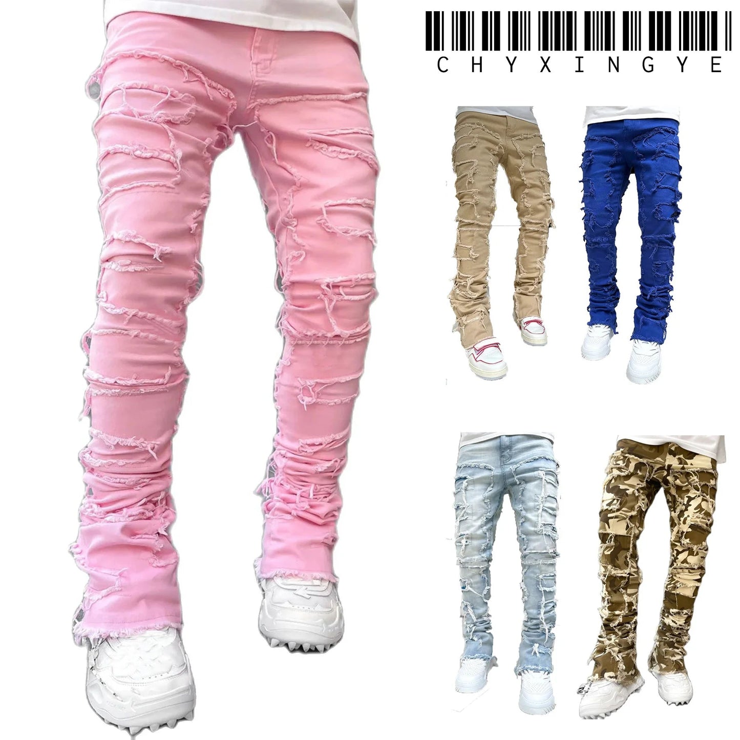 2025 New Men's Stacked Jeans Stretched Patchwork Tassel Damaged Denim Full Length Pants Hip - pop Trousers For Male - 𝐝𝐮𝐯𝐥𝐚𝐬𝐡𝐨𝐩.𝐜𝐨𝐦