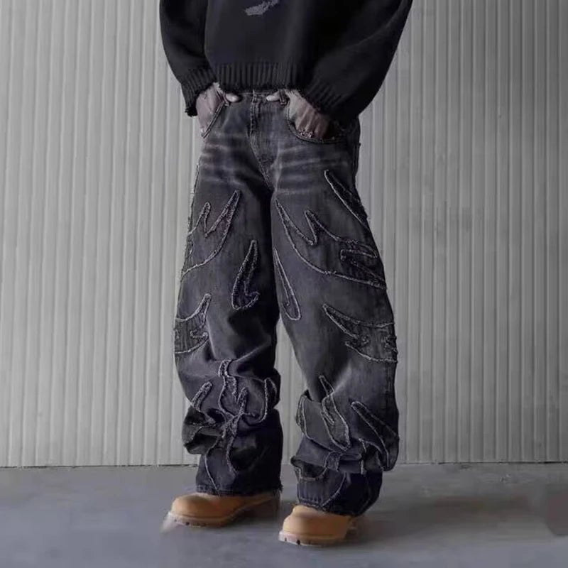 2025 Y2k Hip Hop Baggy Jeans Men's Street Fashion Raw Edge Embroidered Jeans Street Gothic Retro High Waisted Wide Leg Trousers - 𝐝𝐮𝐯𝐥𝐚𝐬𝐡𝐨𝐩.𝐜𝐨𝐦