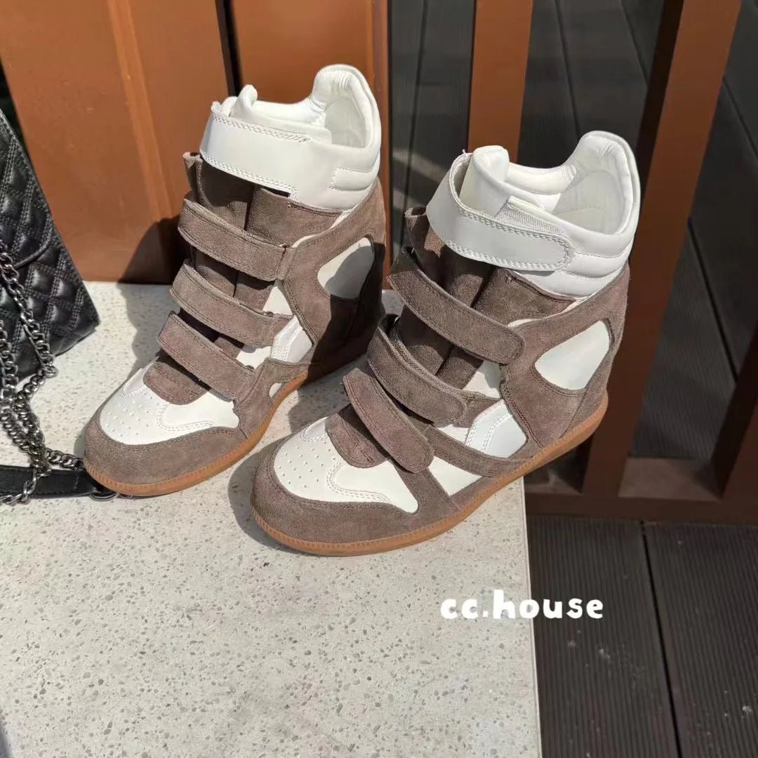 2026 Autumn/Winter New Genuine Leather 8cm Thick - Soled Velcro High - Top Sneakers, Women's, Versatile Casual Sneakers - 𝐃𝐔𝐕𝐋𝐀𝐒𝐇𝐎𝐏