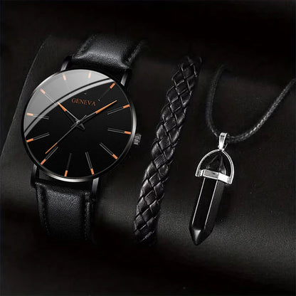 3PCS/Set Men Business Watches Casual Leather Band Analog Male's Quartz Watch Necklace Bracelet Set - 𝐝𝐮𝐯𝐥𝐚𝐬𝐡𝐨𝐩.𝐜𝐨𝐦