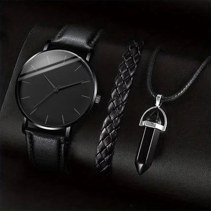 3PCS/Set Men Business Watches Casual Leather Band Analog Male's Quartz Watch Necklace Bracelet Set - 𝐝𝐮𝐯𝐥𝐚𝐬𝐡𝐨𝐩.𝐜𝐨𝐦