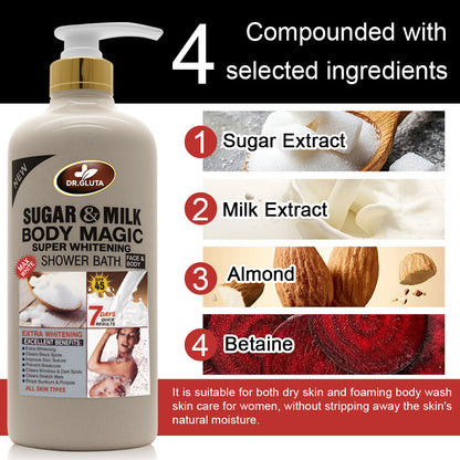 Gel douche Sugar&amp;Milk pour peau blanche, anti-âge, exfoliant et soin corporel, dans un flacon élégant.