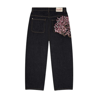 Vintage Cherry Blossom Black Knight Embroidery Jeans Y2K Retro Baggy Straight Denim Blue Wash Casual Pants for Men