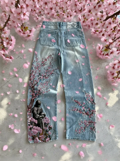 Vintage Cherry Blossom Black Knight Embroidery Jeans Y2K Retro Baggy Straight Denim Blue Wash Casual Pants for Men