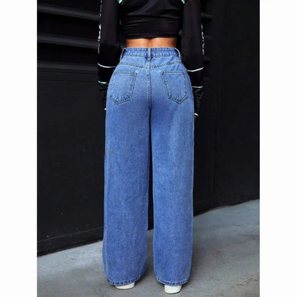 American Women's Blue Washed High - Waisted Straight - Leg Jeans Loose Fashion Front & Back Pockets Jeans Suitable Daily Casual Wear - 𝐝𝐮𝐯𝐥𝐚𝐬𝐡𝐨𝐩.𝐜𝐨𝐦