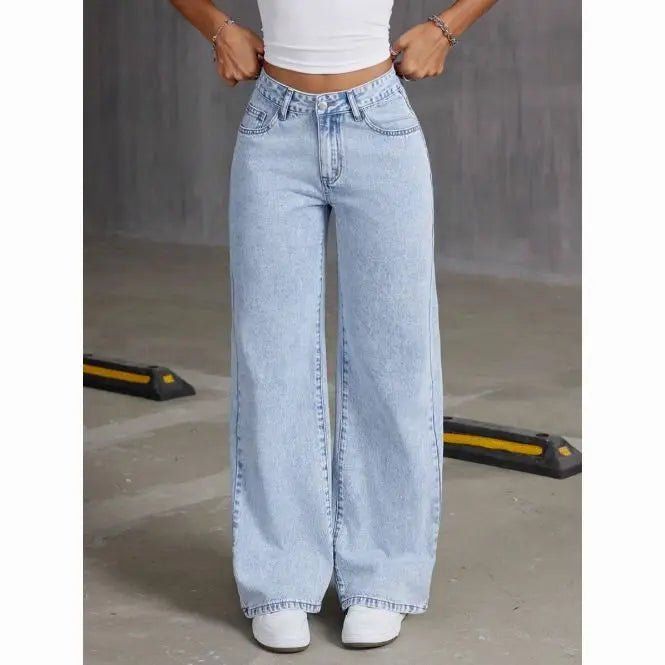 American Women's Blue Washed High - Waisted Straight - Leg Jeans Loose Fashion Front & Back Pockets Jeans Suitable Daily Casual Wear - 𝐝𝐮𝐯𝐥𝐚𝐬𝐡𝐨𝐩.𝐜𝐨𝐦