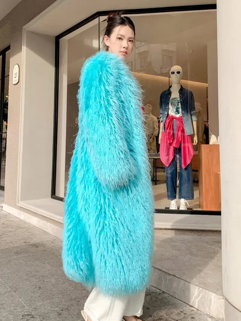 Autumn And Winter Fashion Light Blue Furry Jacket Imitation Beach Sheep Wool Over Knee Long Coat Lamb Woolen - 𝐝𝐮𝐯𝐥𝐚𝐬𝐡𝐨𝐩.𝐜𝐨𝐦