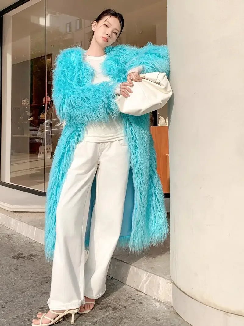 Autumn And Winter Fashion Light Blue Furry Jacket Imitation Beach Sheep Wool Over Knee Long Coat Lamb Woolen - 𝐝𝐮𝐯𝐥𝐚𝐬𝐡𝐨𝐩.𝐜𝐨𝐦