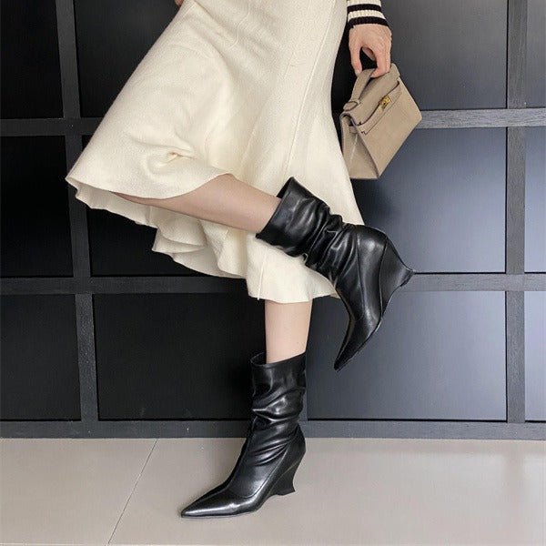 Autumn and Winter New Fashionable French Pointed Slope Heel Stacked Women's Boots Soft Leather High Heels Comfortable Short Boots - 𝐝𝐮𝐯𝐥𝐚𝐬𝐡𝐨𝐩.𝐜𝐨𝐦