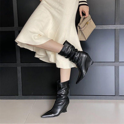Autumn and Winter New Fashionable French Pointed Slope Heel Stacked Women's Boots Soft Leather High Heels Comfortable Short Boots - 𝐝𝐮𝐯𝐥𝐚𝐬𝐡𝐨𝐩.𝐜𝐨𝐦