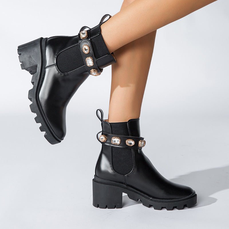 Autumn New Fashion Rhinestone Round Head Martin Boots Female Mid - Thigh Elastic Thin Boots - 𝐝𝐮𝐯𝐥𝐚𝐬𝐡𝐨𝐩.𝐜𝐨𝐦