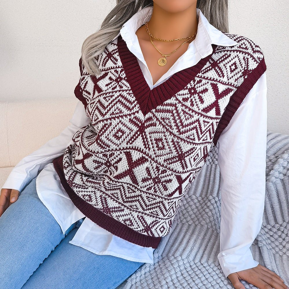 Autumn Winter Christmas Snowflake V - Neck Knitted Vest Sweater - 𝐃𝐔𝐕𝐋𝐀𝐒𝐇𝐎𝐏