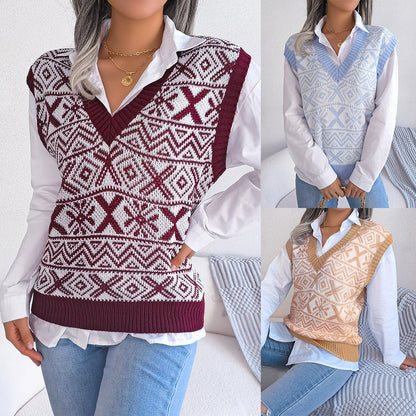 Autumn Winter Christmas Snowflake V - Neck Knitted Vest Sweater - 𝐃𝐔𝐕𝐋𝐀𝐒𝐇𝐎𝐏