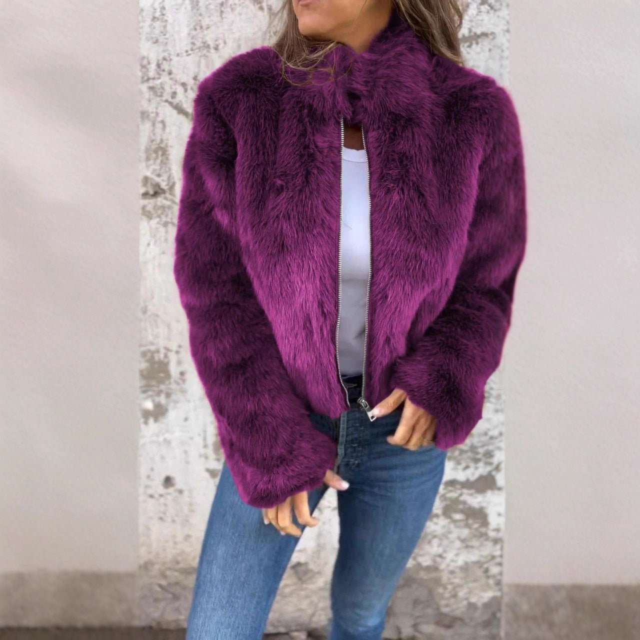 Autumn/Winter Women's Imitation Fur High Collar Zipper Casual Top Coat - 𝐃𝐔𝐕𝐋𝐀𝐒𝐇𝐎𝐏