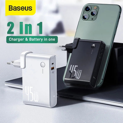Baseus GaN Power Bank Charger 10000mAh 45W USB C PD Fast Charging 2 in 1 Charger & Battery as One ForiP 11 Pro Laptop ForXiaomi - 𝐃𝐔𝐕𝐋𝐀𝐒𝐇𝐎𝐏