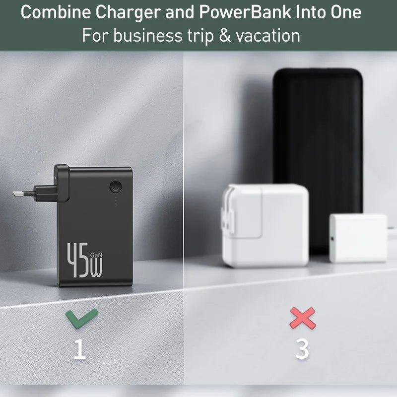Baseus GaN Power Bank Charger 10000mAh 45W USB C PD Fast Charging 2 in 1 Charger & Battery as One ForiP 11 Pro Laptop ForXiaomi - 𝐃𝐔𝐕𝐋𝐀𝐒𝐇𝐎𝐏