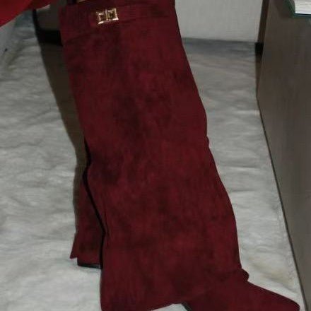 Boots with pointed toes large tube circumference straight tube metal buckle medium length tube thick heel women's boots - 𝐝𝐮𝐯𝐥𝐚𝐬𝐡𝐨𝐩.𝐜𝐨𝐦