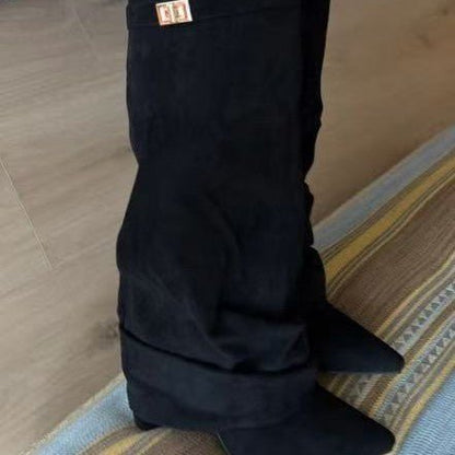 Boots with pointed toes large tube circumference straight tube metal buckle medium length tube thick heel women's boots - 𝐝𝐮𝐯𝐥𝐚𝐬𝐡𝐨𝐩.𝐜𝐨𝐦