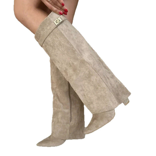 Boots with pointed toes large tube circumference straight tube metal buckle medium length tube thick heel women's boots - 𝐝𝐮𝐯𝐥𝐚𝐬𝐡𝐨𝐩.𝐜𝐨𝐦