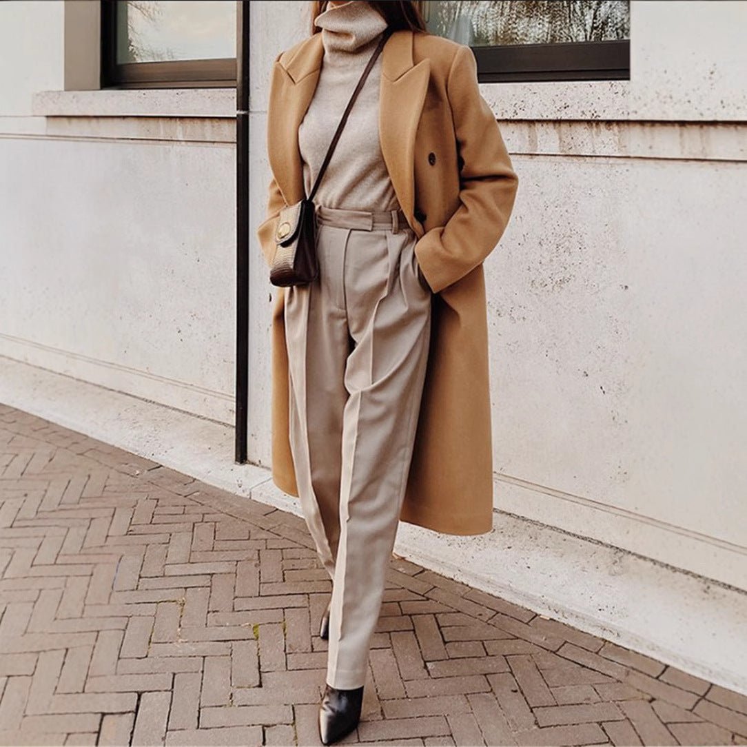 Fall/Winter New Women's Long Sleeve Notched Collar Solid Color Double Breasted Slim Fit Coat - 𝐃𝐔𝐕𝐋𝐀𝐒𝐇𝐎𝐏