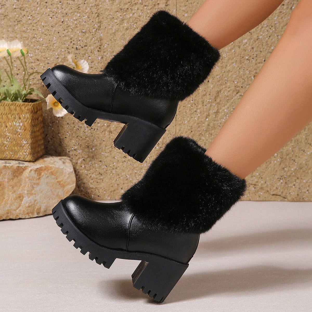 Fashion Winter Snow Boots Women's High Heel Short Boots with Thick Fleece Lining Warm Cotton Boots with Thick Chunky Heel Slip - Resistant Women's Boots - 𝐝𝐮𝐯𝐥𝐚𝐬𝐡𝐨𝐩.𝐜𝐨𝐦