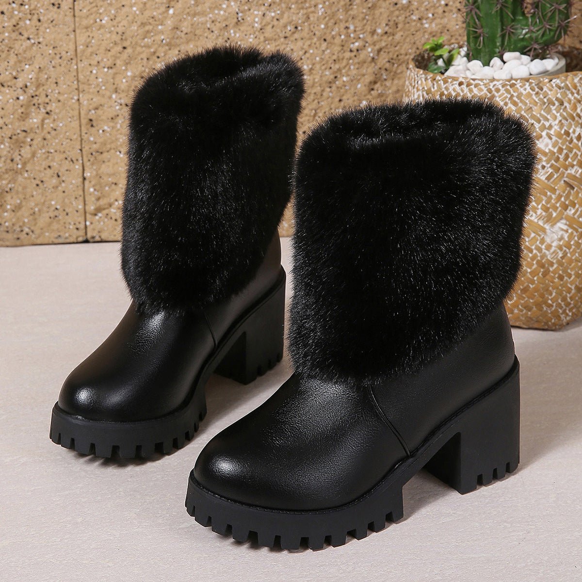 Fashion Winter Snow Boots Women's High Heel Short Boots with Thick Fleece Lining Warm Cotton Boots with Thick Chunky Heel Slip - Resistant Women's Boots - 𝐝𝐮𝐯𝐥𝐚𝐬𝐡𝐨𝐩.𝐜𝐨𝐦