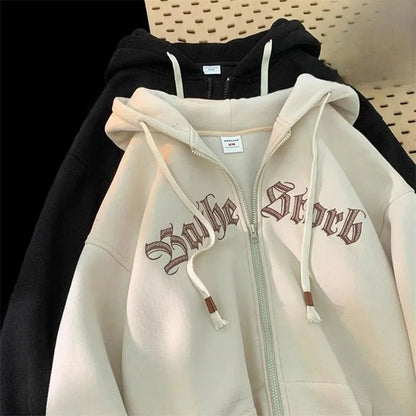 Hooded Cardigan Sweatshirt Men's Autumn Winter Letter Print Jacket Trendy Loose Couple Casual Student Zipper Coat - 𝐃𝐔𝐕𝐋𝐀𝐒𝐇𝐎𝐏