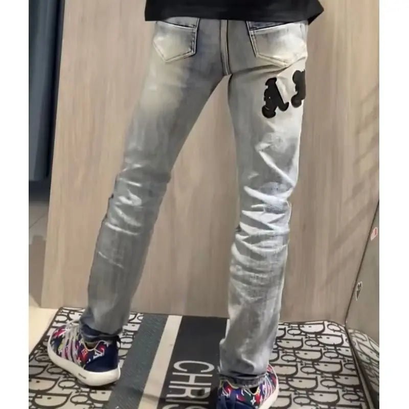 Internet Celebrity Same Style Washed Distressed Ripped Jeans Embroidered Letters High Street Casual Versatile Slim Student Pants - 𝐃𝐔𝐕𝐋𝐀𝐒𝐇𝐎𝐏