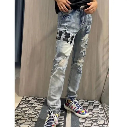 Internet Celebrity Same Style Washed Distressed Ripped Jeans Embroidered Letters High Street Casual Versatile Slim Student Pants - 𝐃𝐔𝐕𝐋𝐀𝐒𝐇𝐎𝐏