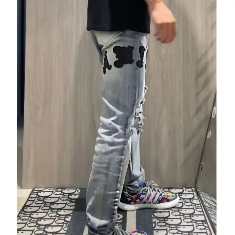 Internet Celebrity Same Style Washed Distressed Ripped Jeans Embroidered Letters High Street Casual Versatile Slim Student Pants - 𝐃𝐔𝐕𝐋𝐀𝐒𝐇𝐎𝐏