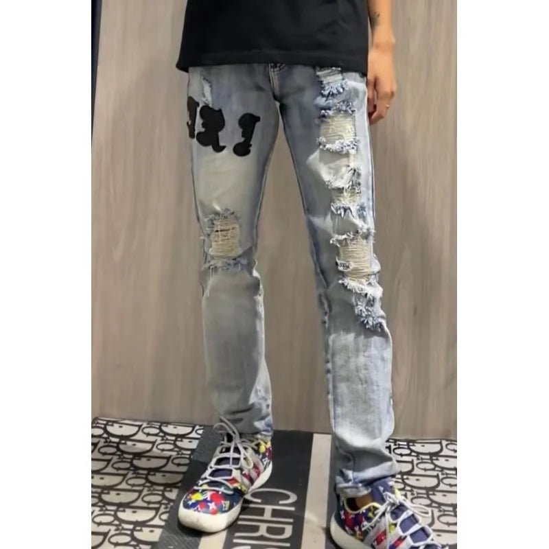Internet Celebrity Same Style Washed Distressed Ripped Jeans Embroidered Letters High Street Casual Versatile Slim Student Pants - 𝐃𝐔𝐕𝐋𝐀𝐒𝐇𝐎𝐏