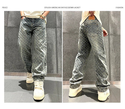 Jacquard Pattern Denim Pants Male Straight Fitting Baggy Bottoms Distressed Wide Jeans For Men - 𝐃𝐔𝐕𝐋𝐀𝐒𝐇𝐎𝐏
