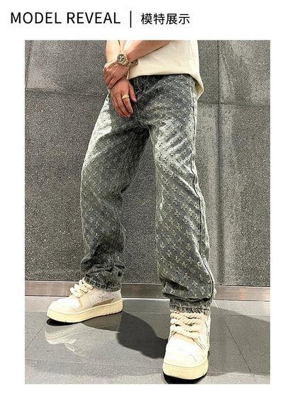 Jacquard Pattern Denim Pants Male Straight Fitting Baggy Bottoms Distressed Wide Jeans For Men - 𝐃𝐔𝐕𝐋𝐀𝐒𝐇𝐎𝐏