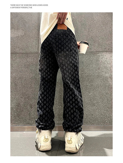 Jacquard Pattern Denim Pants Male Straight Fitting Baggy Bottoms Distressed Wide Jeans For Men - 𝐃𝐔𝐕𝐋𝐀𝐒𝐇𝐎𝐏