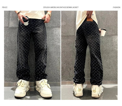 Jacquard Pattern Denim Pants Male Straight Fitting Baggy Bottoms Distressed Wide Jeans For Men - 𝐃𝐔𝐕𝐋𝐀𝐒𝐇𝐎𝐏