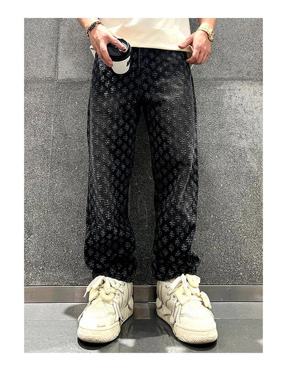 Jacquard Pattern Denim Pants Male Straight Fitting Baggy Bottoms Distressed Wide Jeans For Men - 𝐃𝐔𝐕𝐋𝐀𝐒𝐇𝐎𝐏