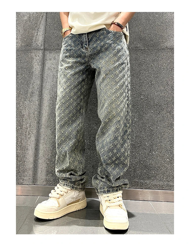 Jacquard Pattern Denim Pants Male Straight Fitting Baggy Bottoms Distressed Wide Jeans For Men - 𝐃𝐔𝐕𝐋𝐀𝐒𝐇𝐎𝐏