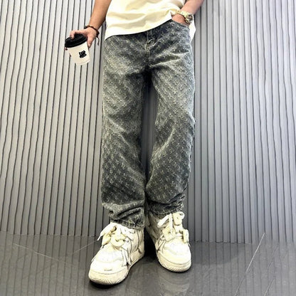 Jacquard Pattern Denim Pants Male Straight Fitting Baggy Bottoms Distressed Wide Jeans For Men - 𝐃𝐔𝐕𝐋𝐀𝐒𝐇𝐎𝐏