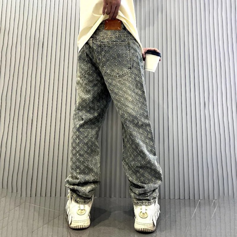 Jacquard Pattern Denim Pants Male Straight Fitting Baggy Bottoms Distressed Wide Jeans For Men - 𝐃𝐔𝐕𝐋𝐀𝐒𝐇𝐎𝐏