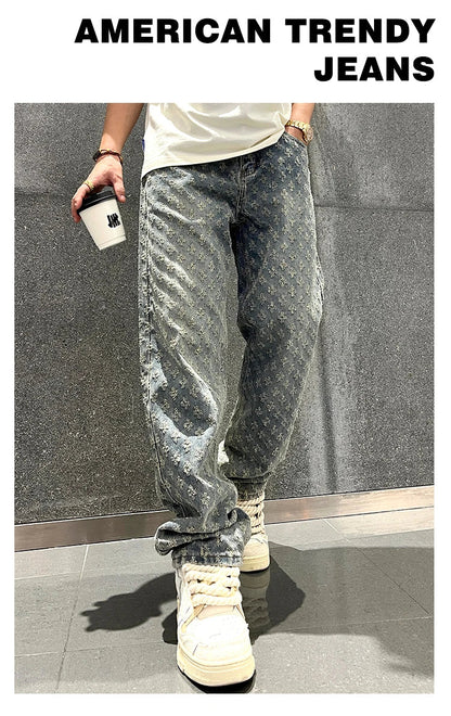 Jacquard Pattern Denim Pants Male Straight Fitting Baggy Bottoms Distressed Wide Jeans For Men - 𝐃𝐔𝐕𝐋𝐀𝐒𝐇𝐎𝐏