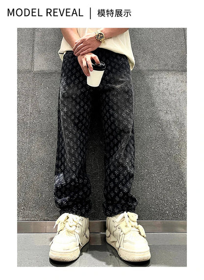 Jacquard Pattern Denim Pants Male Straight Fitting Baggy Bottoms Distressed Wide Jeans For Men - 𝐃𝐔𝐕𝐋𝐀𝐒𝐇𝐎𝐏