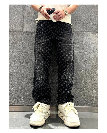 Jacquard Pattern Denim Pants Male Straight Fitting Baggy Bottoms Distressed Wide Jeans For Men - 𝐃𝐔𝐕𝐋𝐀𝐒𝐇𝐎𝐏