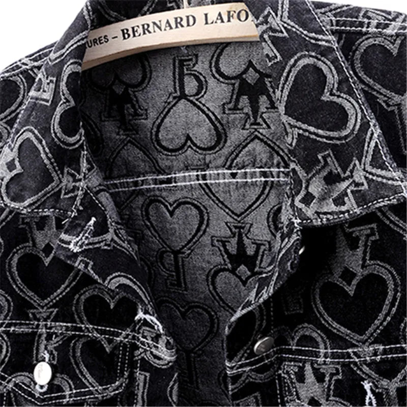 Jeans Jacket Women Heart Shaped Print Fashion Pocket Lapel Black Short Denim Jackets Female Spring Autumn Loose Jeans Coat - 𝐃𝐔𝐕𝐋𝐀𝐒𝐇𝐎𝐏
